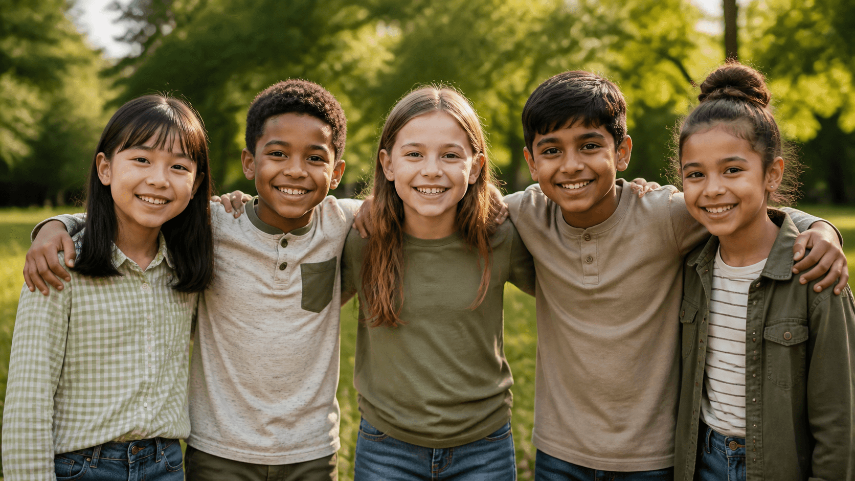 Five children from diverse backgrounds smiling together in a park